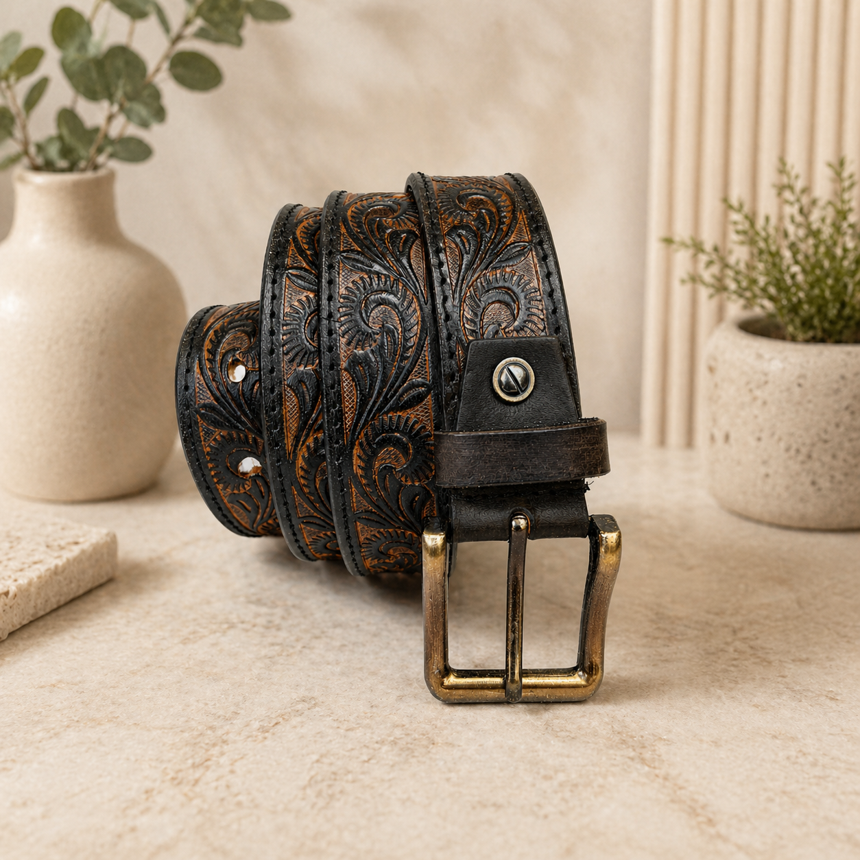 Unisex Genuine Leather Belt Vintage Handcrafted Embossed Design with Antique Brass Buckle | Durable Casual & Formal Waist Belt