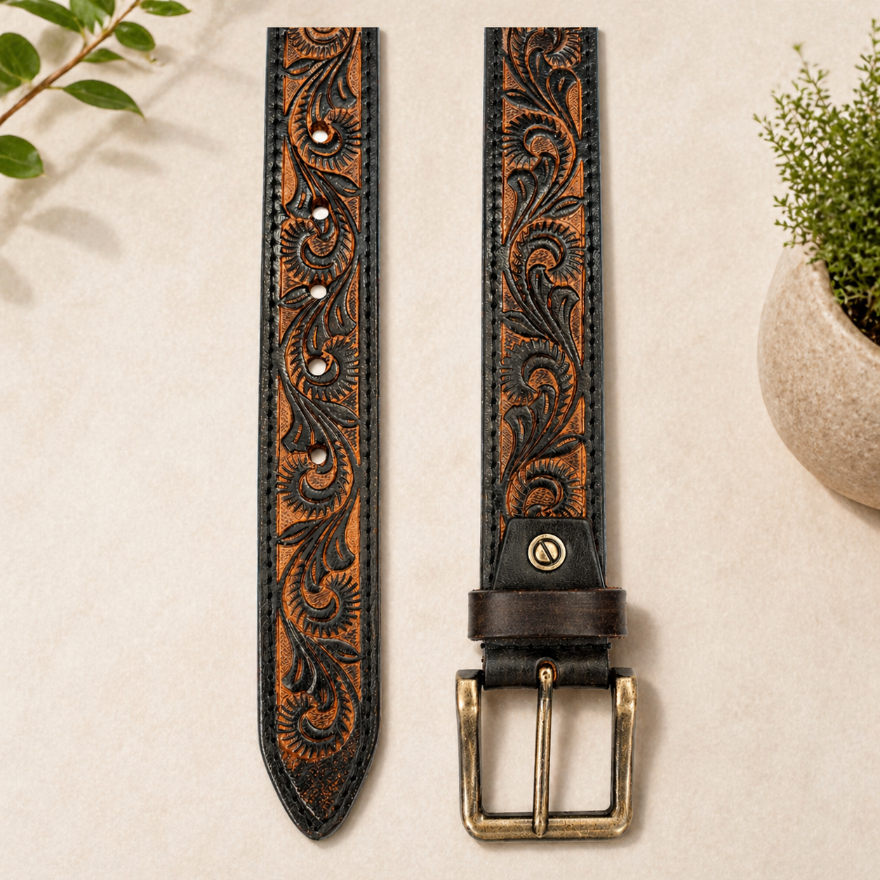 Unisex Genuine Leather Belt Vintage Handcrafted Embossed Design with Antique Brass Buckle | Durable Casual & Formal Waist Belt
