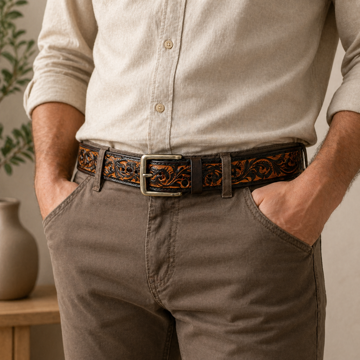 Unisex Genuine Leather Belt Vintage Handcrafted Embossed Design with Antique Brass Buckle | Durable Casual & Formal Waist Belt