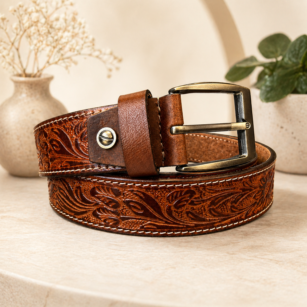 Unisex Handcrafted Genuine Leather Belt Premium Vintage Embossed Brown Leather Stylish Casual & Formal Belt