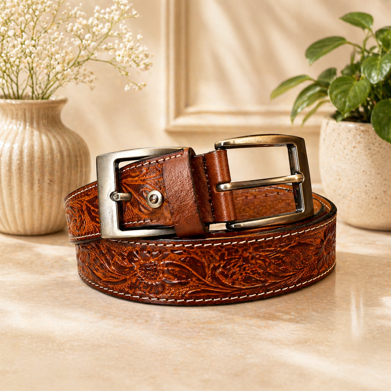 Unisex Handcrafted Genuine Leather Belt Premium Vintage Embossed Brown Leather Stylish Casual & Formal Belt