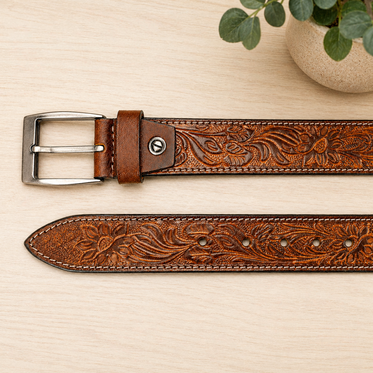 Unisex Handcrafted Genuine Leather Belt Premium Vintage Embossed Brown Leather Stylish Casual & Formal Belt