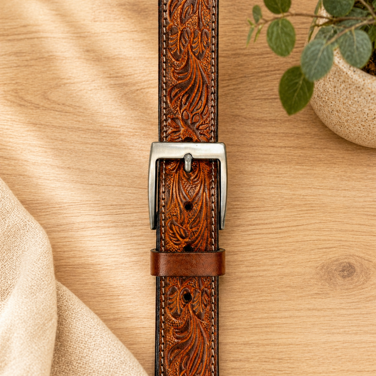 Unisex Handcrafted Genuine Leather Belt Premium Vintage Embossed Brown Leather Stylish Casual & Formal Belt