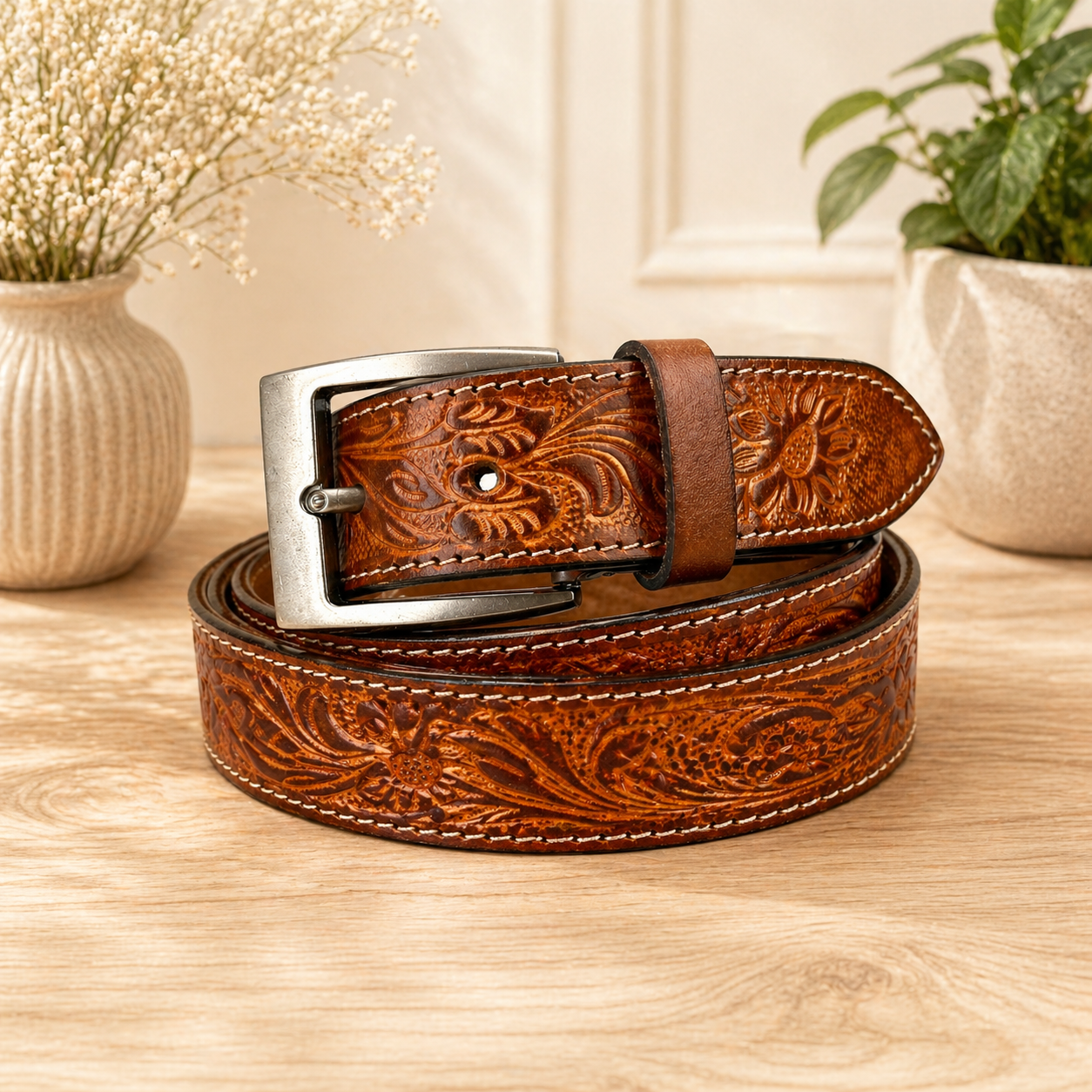 Unisex Handcrafted Genuine Leather Belt Premium Vintage Embossed Brown Leather Stylish Casual & Formal Belt