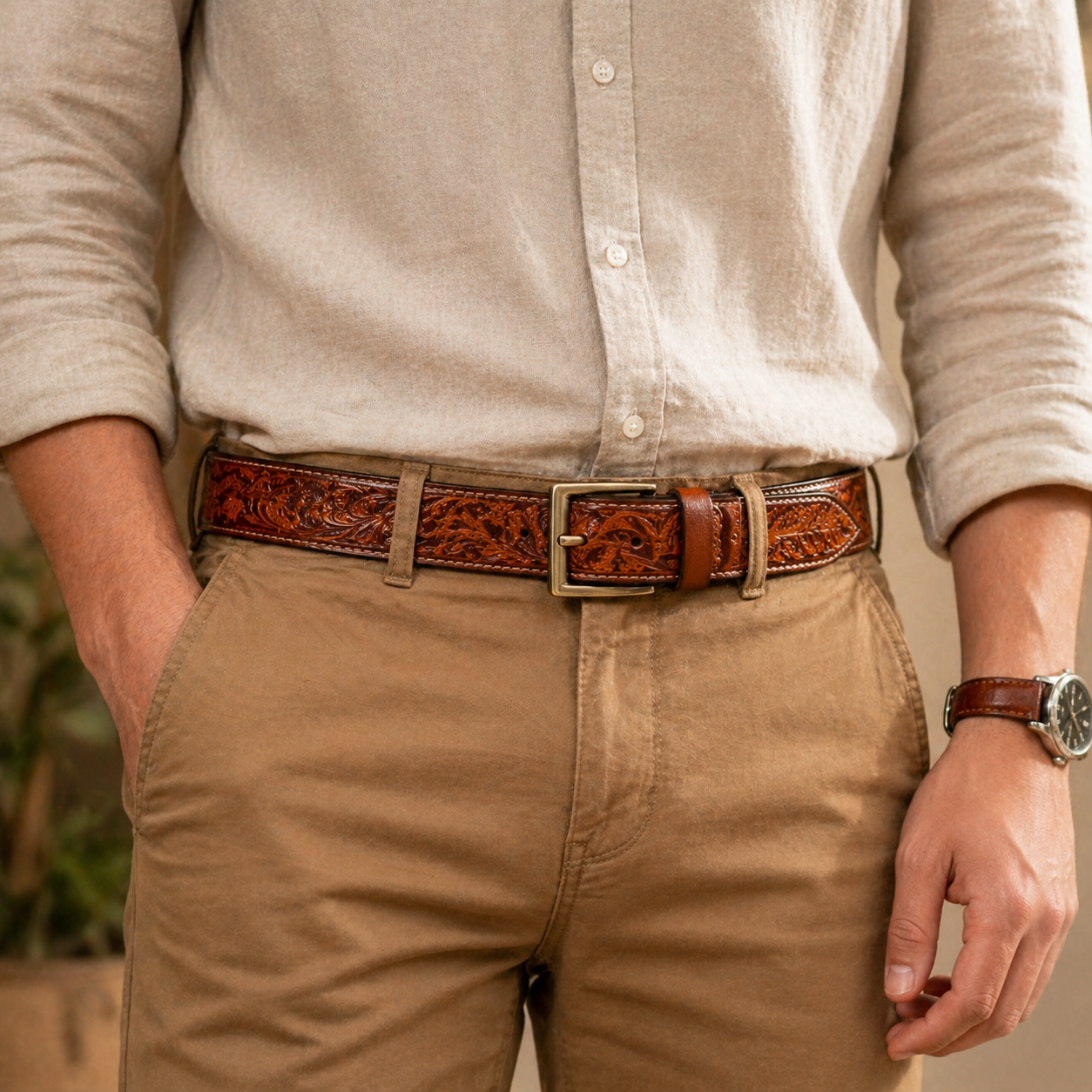 Unisex Handcrafted Genuine Leather Belt Premium Vintage Embossed Brown Leather Stylish Casual & Formal Belt