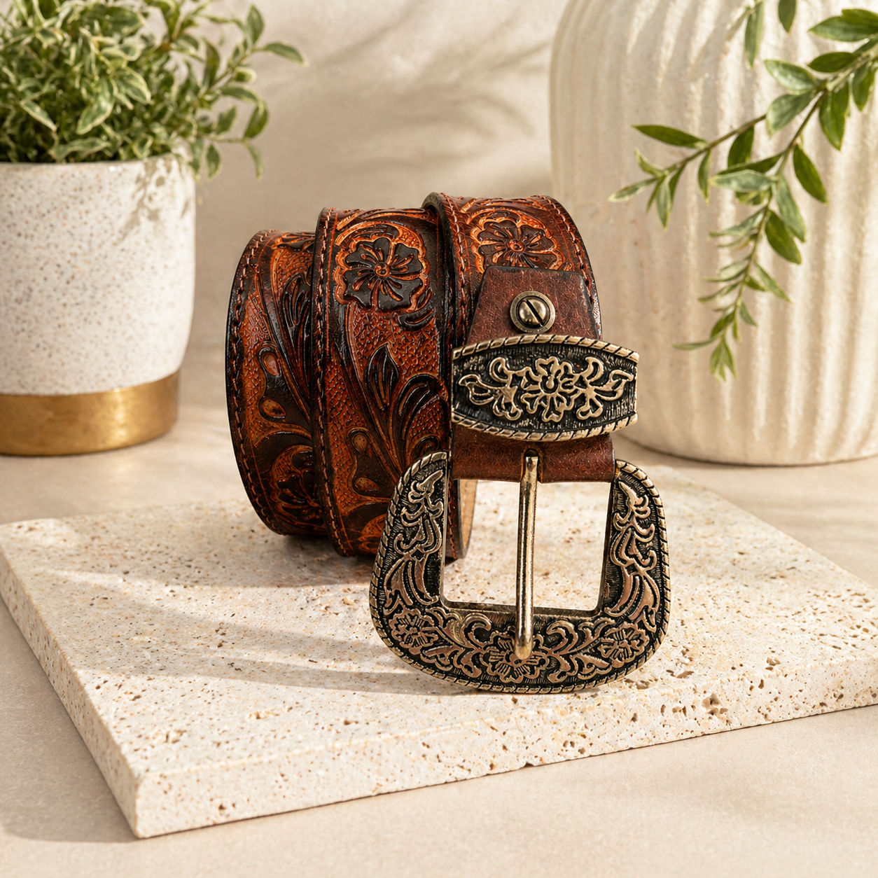 Luxury Handcrafted Genuine Leather Belt Vintage Floral Embossed Brown Leather Casual & Western Style Belt
