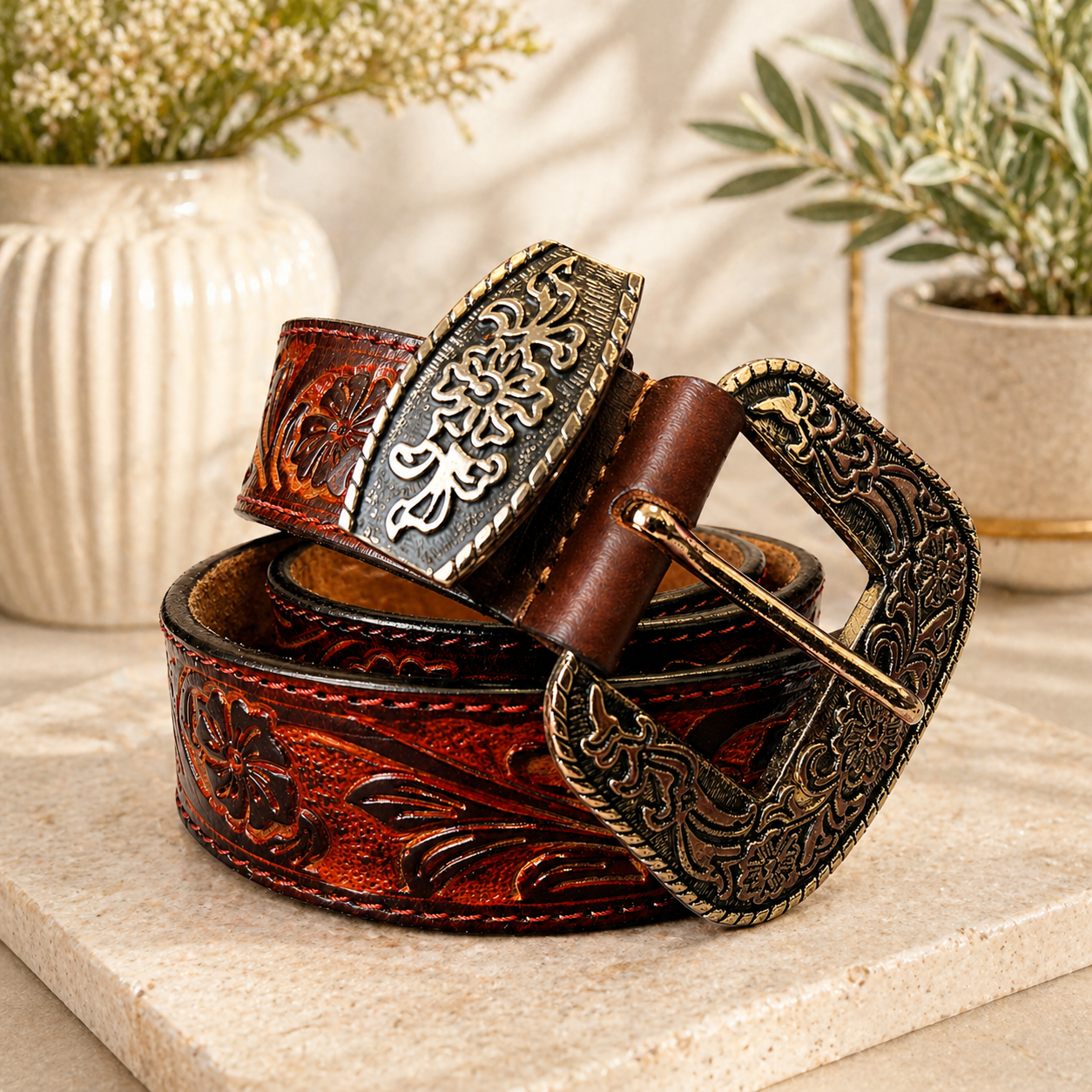 Luxury Handcrafted Genuine Leather Belt Vintage Floral Embossed Brown Leather Casual & Western Style Belt