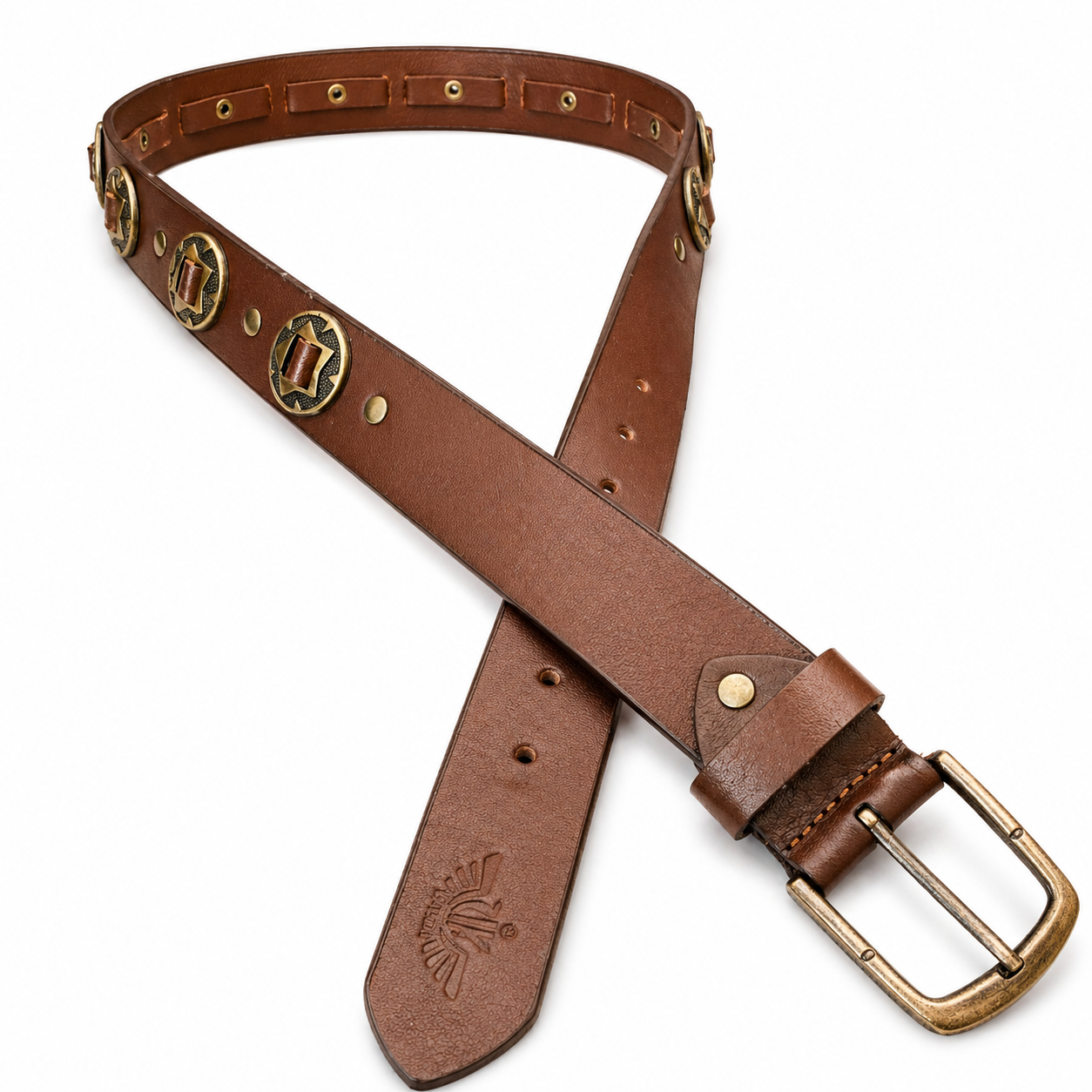 Unisex Genuine Leather Studded Belt Vintage Brown Leather Belt with Antique Brass Rivets & Buckle Stylish Casual & Designer Belt