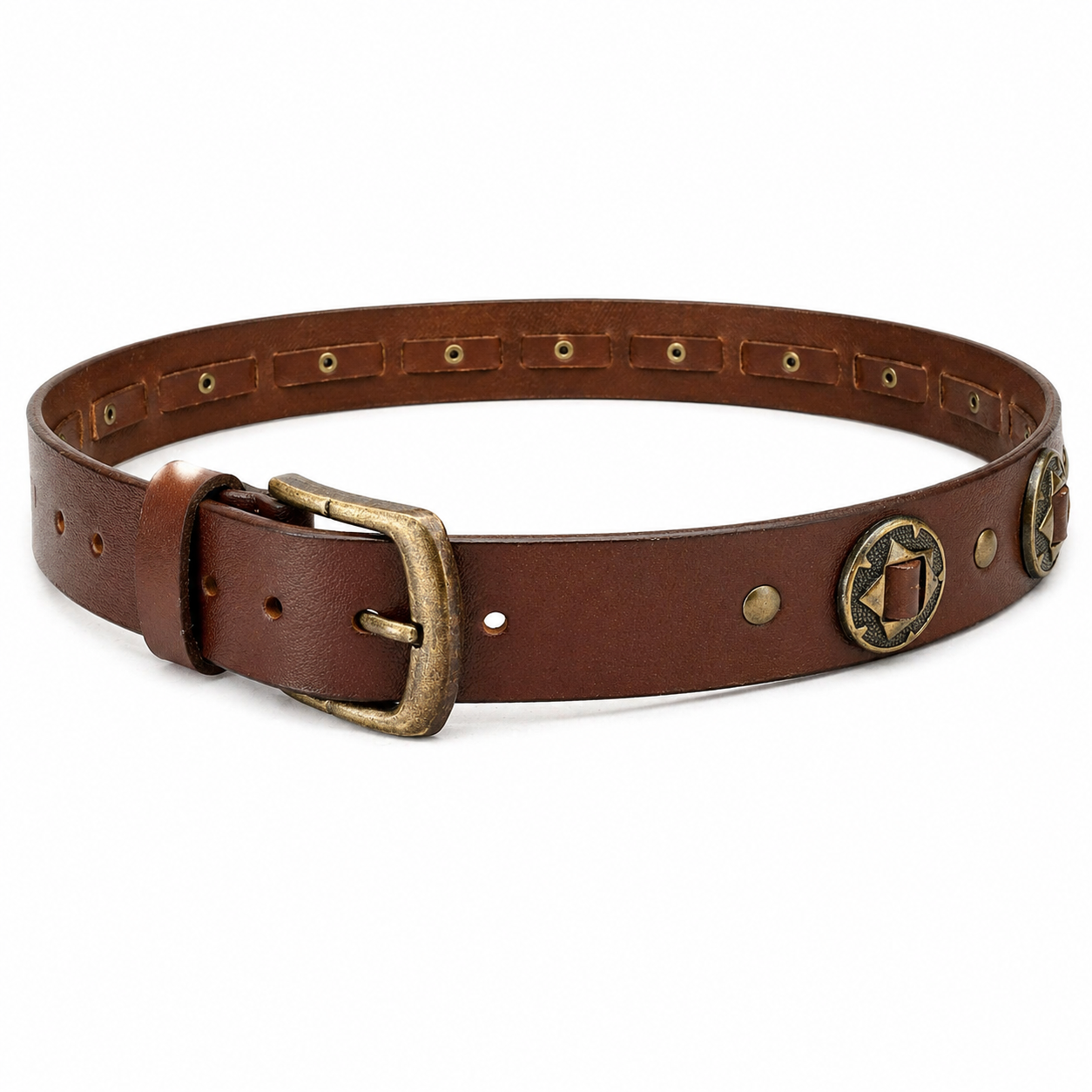 Unisex Genuine Leather Studded Belt Vintage Brown Leather Belt with Antique Brass Rivets & Buckle Stylish Casual & Designer Belt
