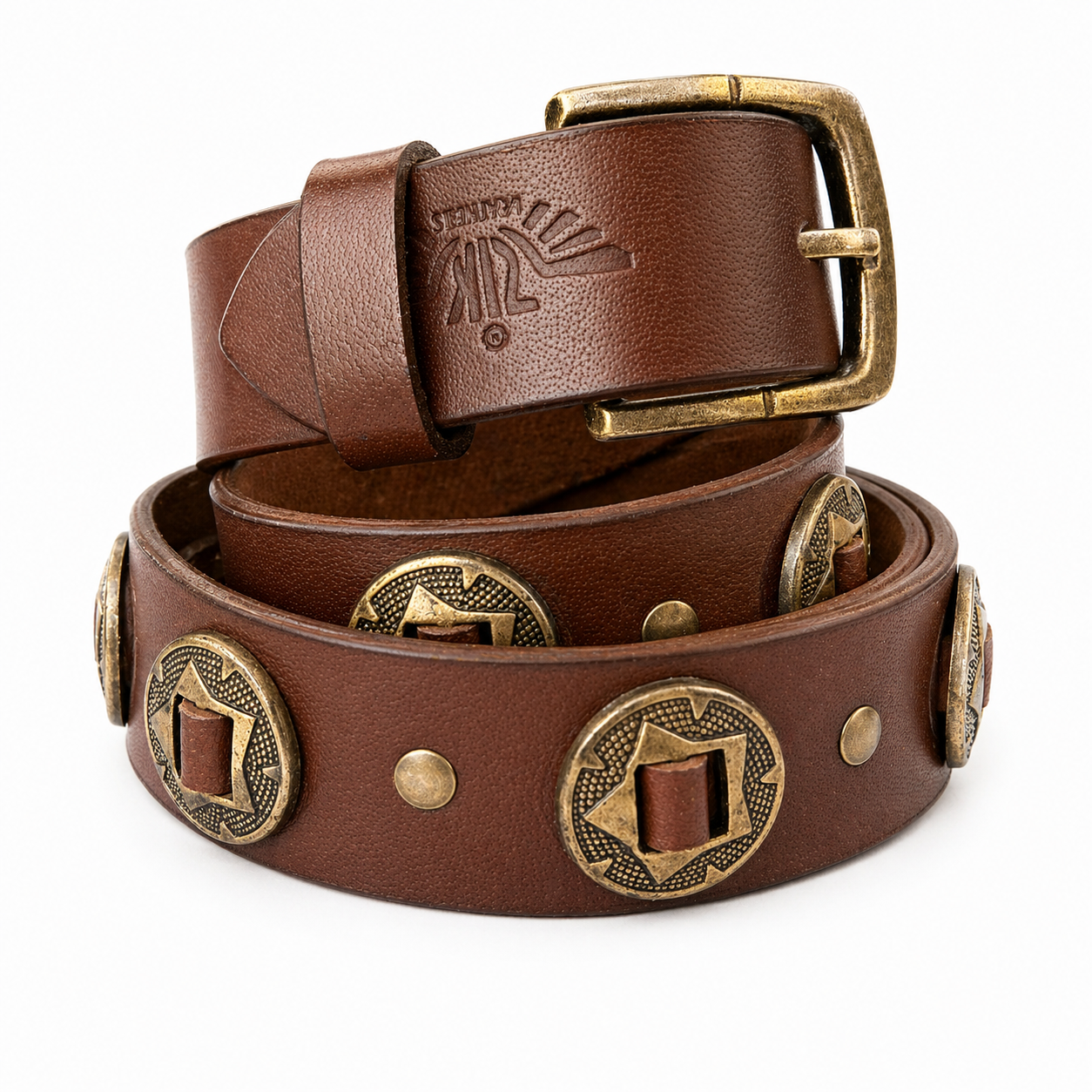 Unisex Genuine Leather Studded Belt Vintage Brown Leather Belt with Antique Brass Rivets & Buckle Stylish Casual & Designer Belt