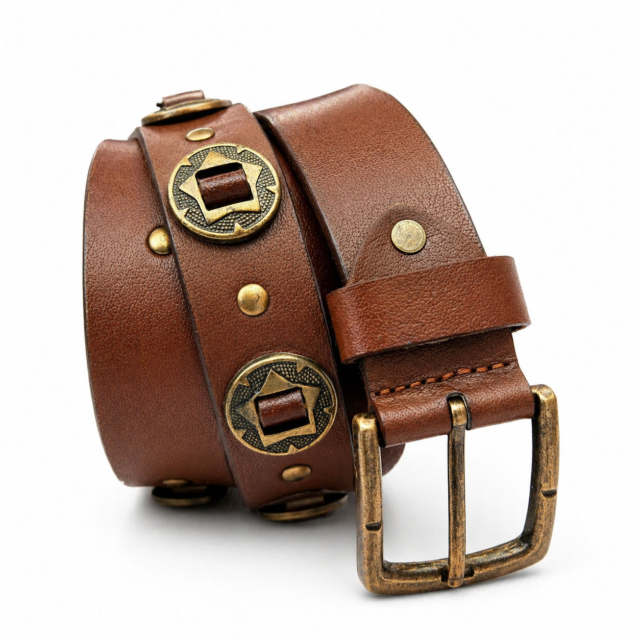 Unisex Genuine Leather Studded Belt Vintage Brown Leather Belt with Antique Brass Rivets & Buckle Stylish Casual & Designer Belt