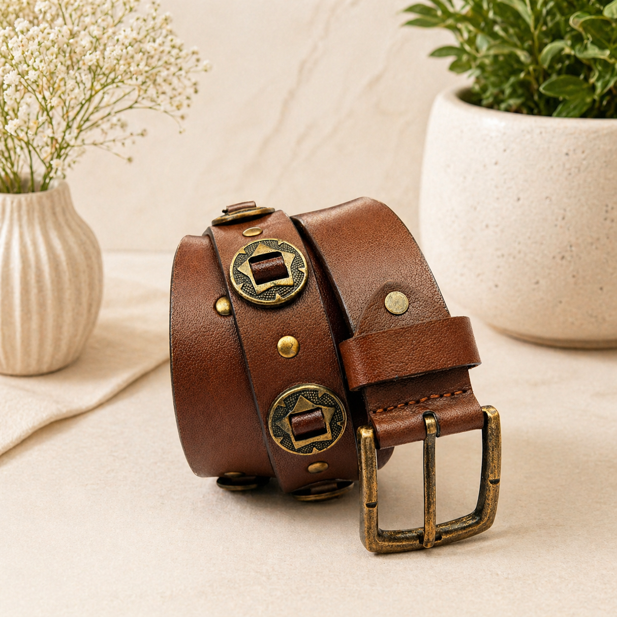 Unisex Genuine Leather Studded Belt Vintage Brown Leather Belt with Antique Brass Rivets & Buckle Stylish Casual & Designer Belt