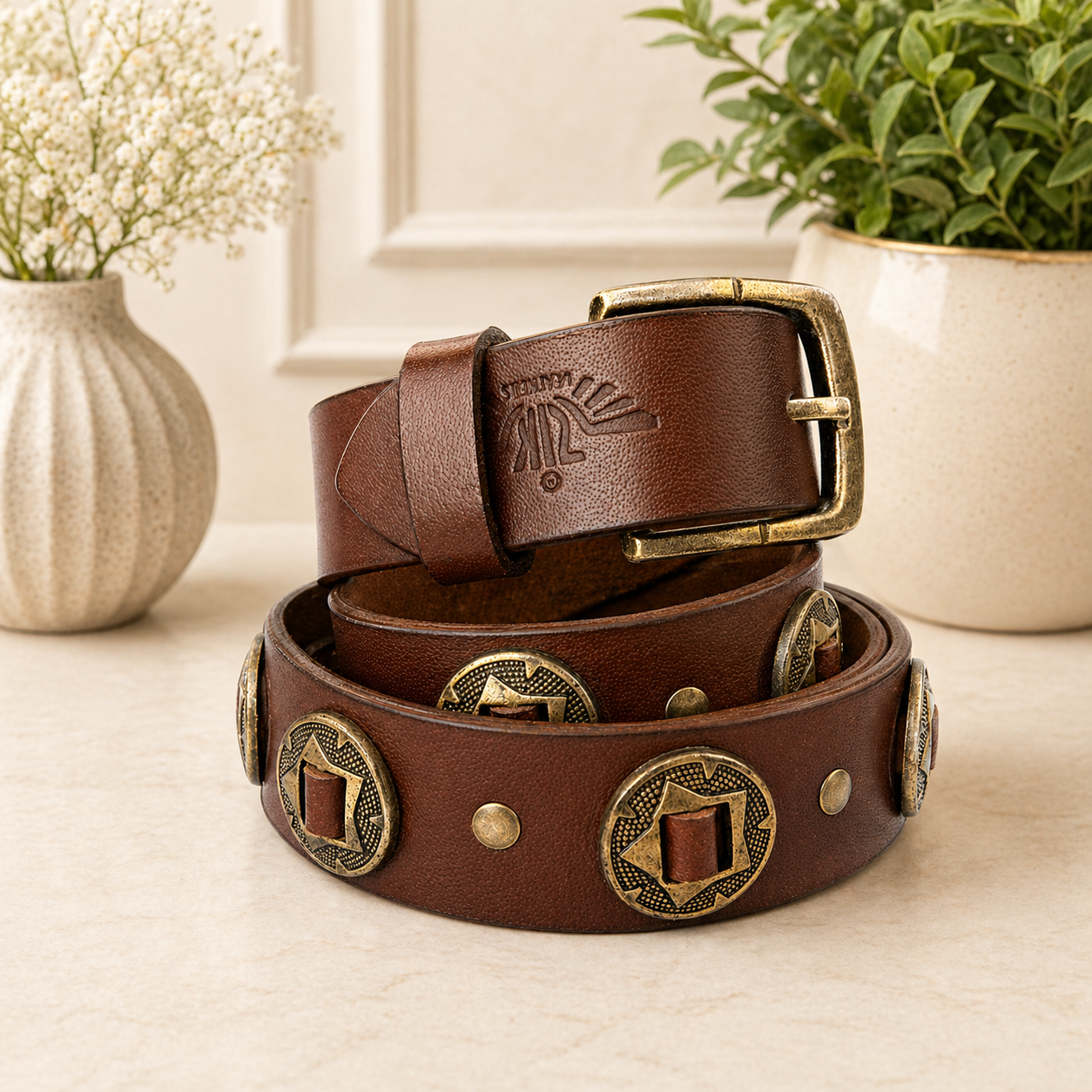Unisex Genuine Leather Studded Belt Vintage Brown Leather Belt with Antique Brass Rivets & Buckle Stylish Casual & Designer Belt