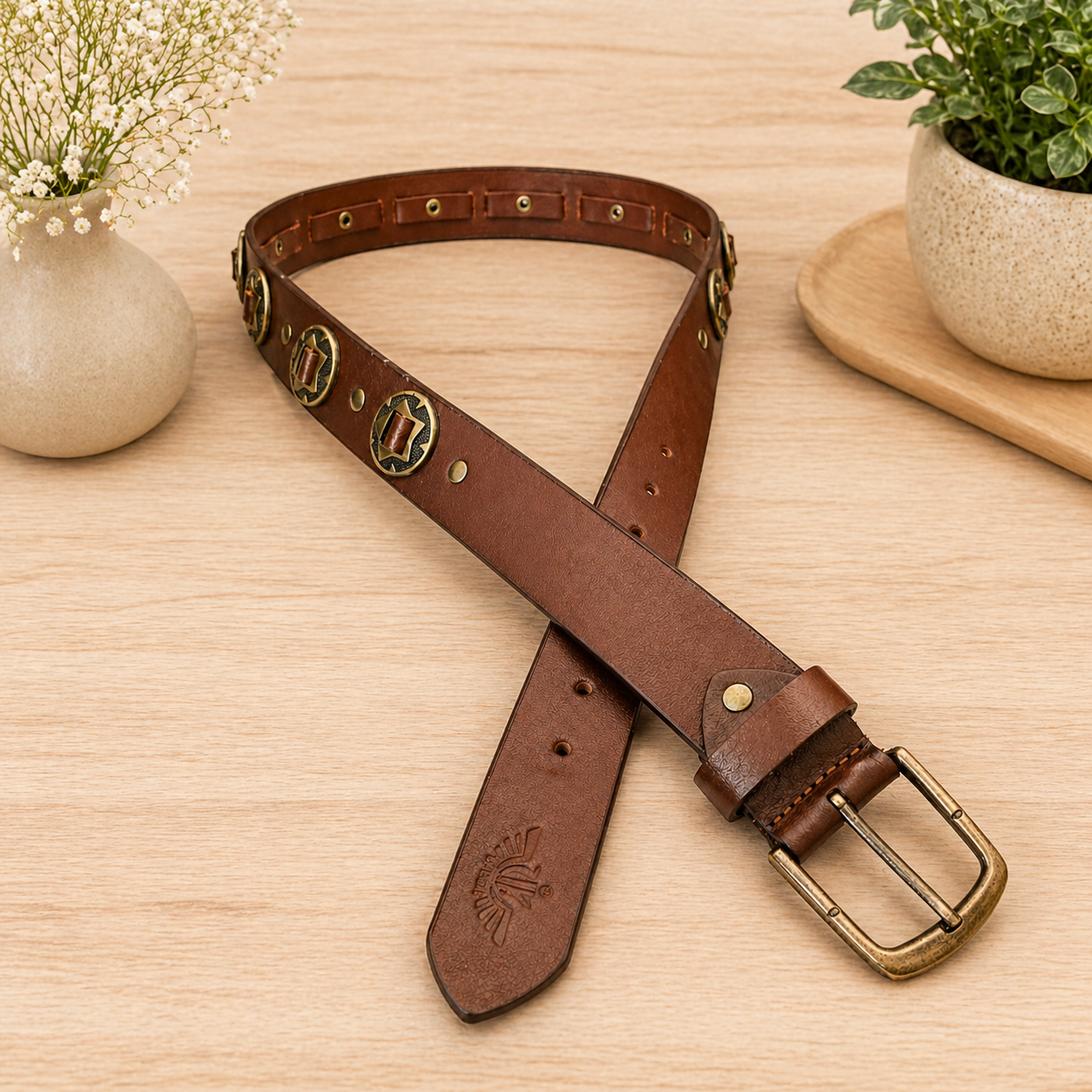 Unisex Genuine Leather Studded Belt Vintage Brown Leather Belt with Antique Brass Rivets & Buckle Stylish Casual & Designer Belt