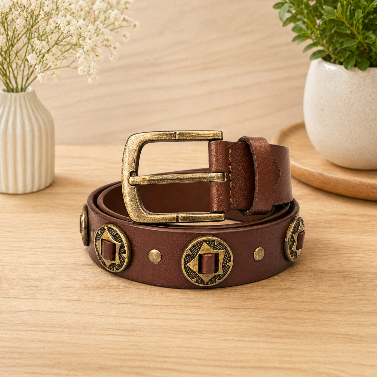 Unisex Genuine Leather Studded Belt Vintage Brown Leather Belt with Antique Brass Rivets & Buckle Stylish Casual & Designer Belt