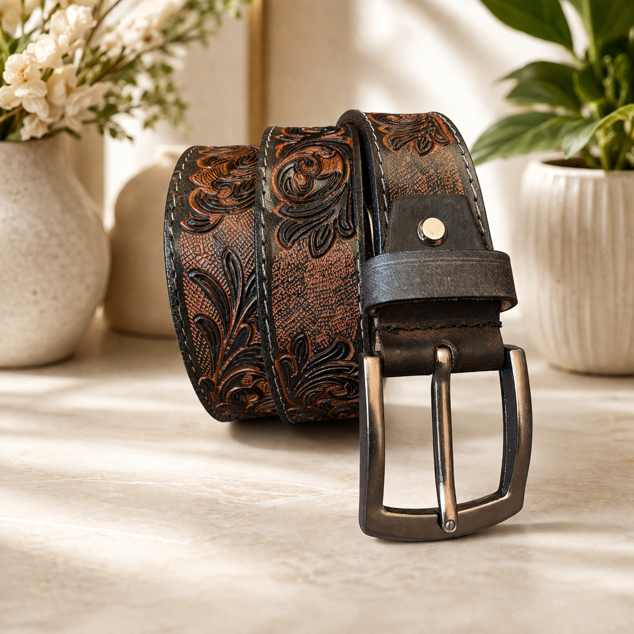 Premium Genuine Leather Belt Dual Tone Vintage Embossed Design with Antique Metal Buckle Durable Casual & Formal Waist Belt