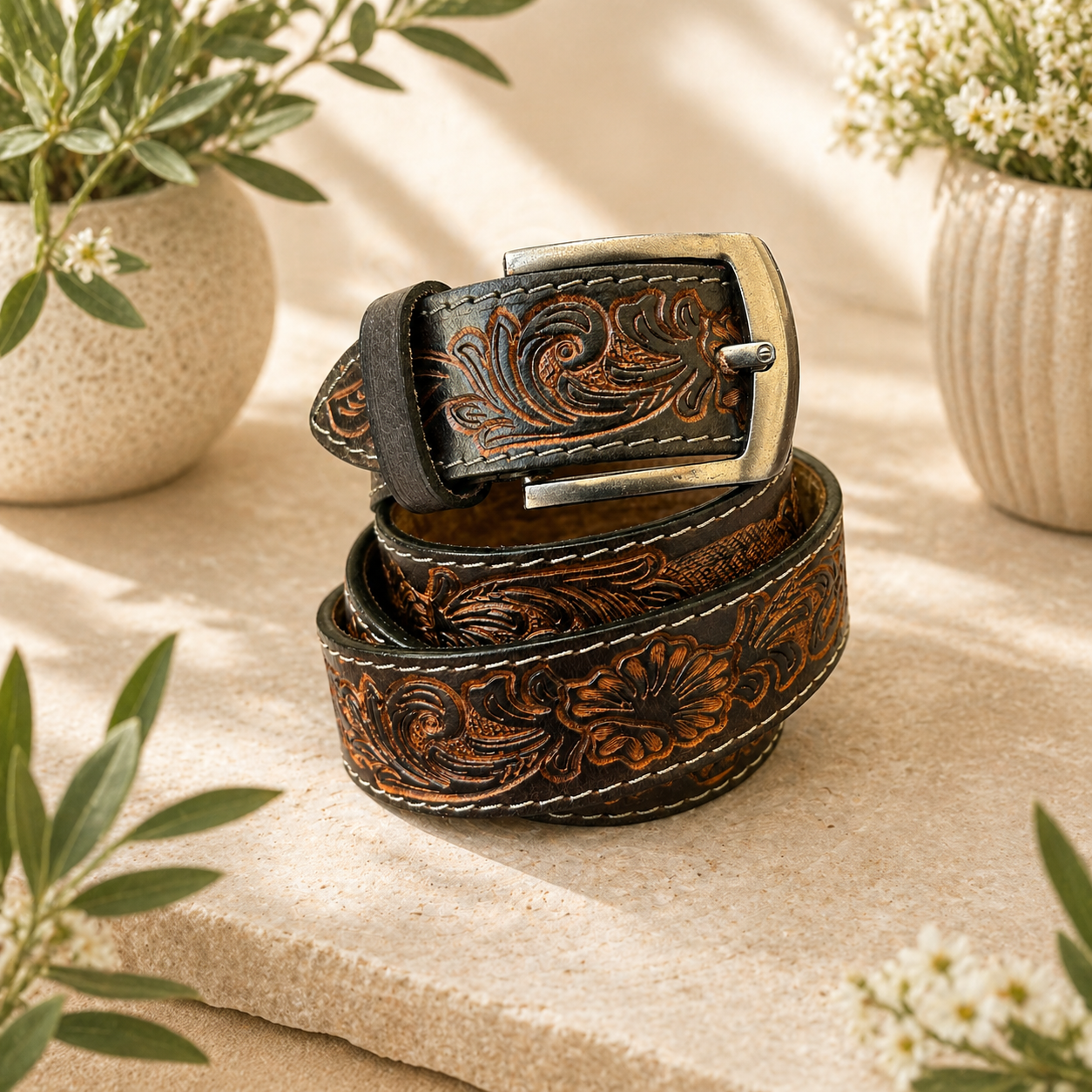 Premium Genuine Leather Belt Dual Tone Vintage Embossed Design with Antique Metal Buckle Durable Casual & Formal Waist Belt