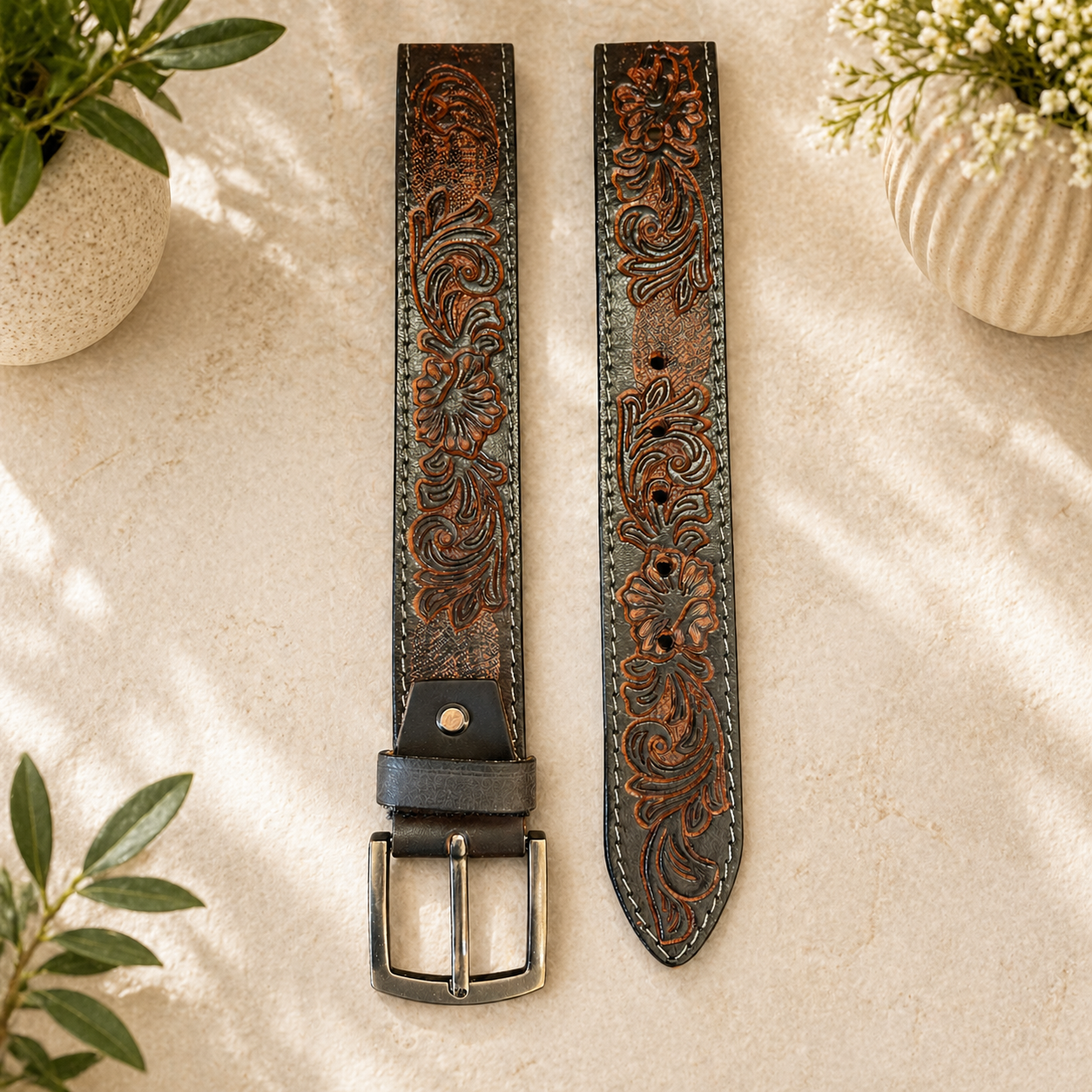 Premium Genuine Leather Belt Dual Tone Vintage Embossed Design with Antique Metal Buckle Durable Casual & Formal Waist Belt
