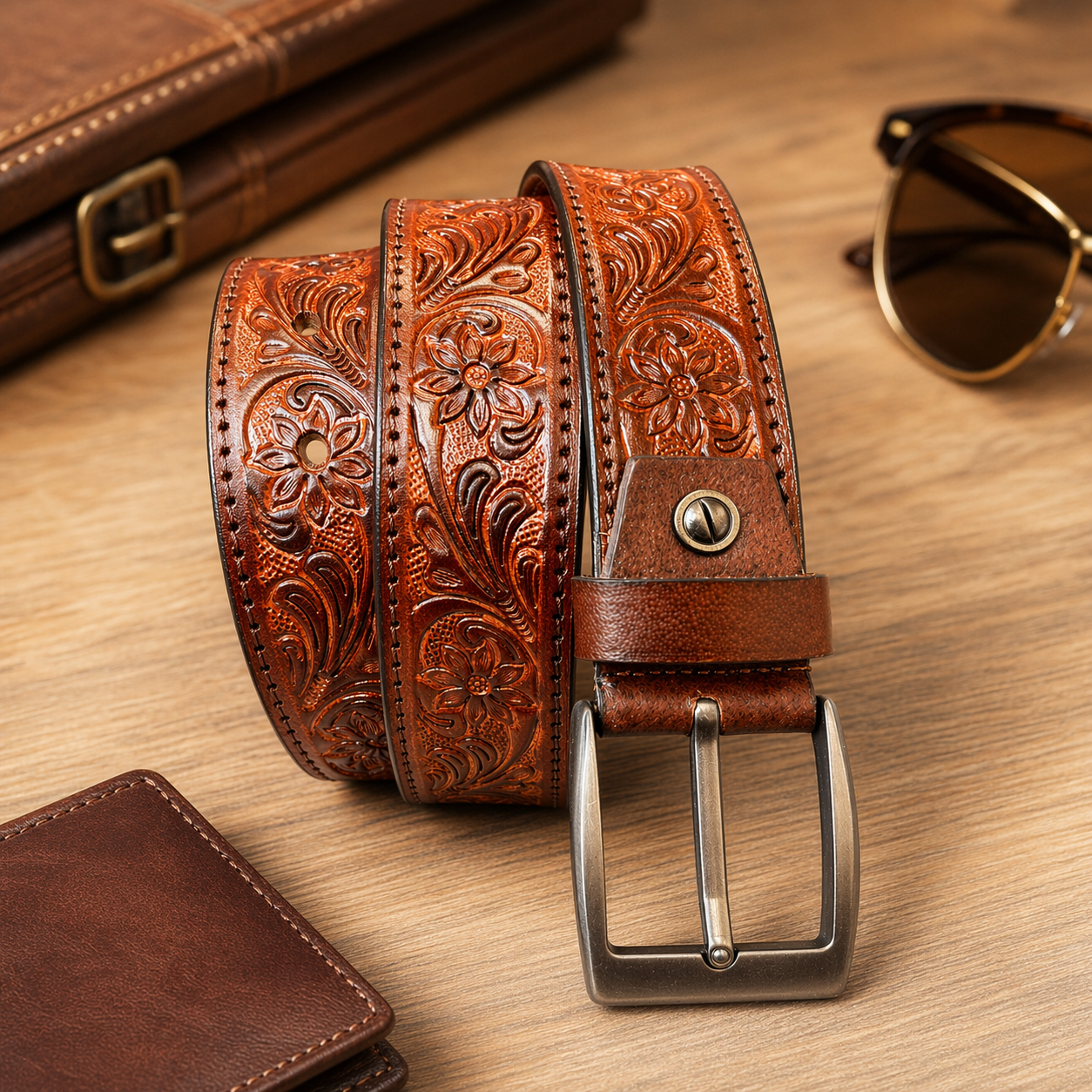 Premium Genuine Leather Belt Vintage Floral Embossed Brown Leather with Antique Buckle Handcrafted Casual & Formal Waist Belt