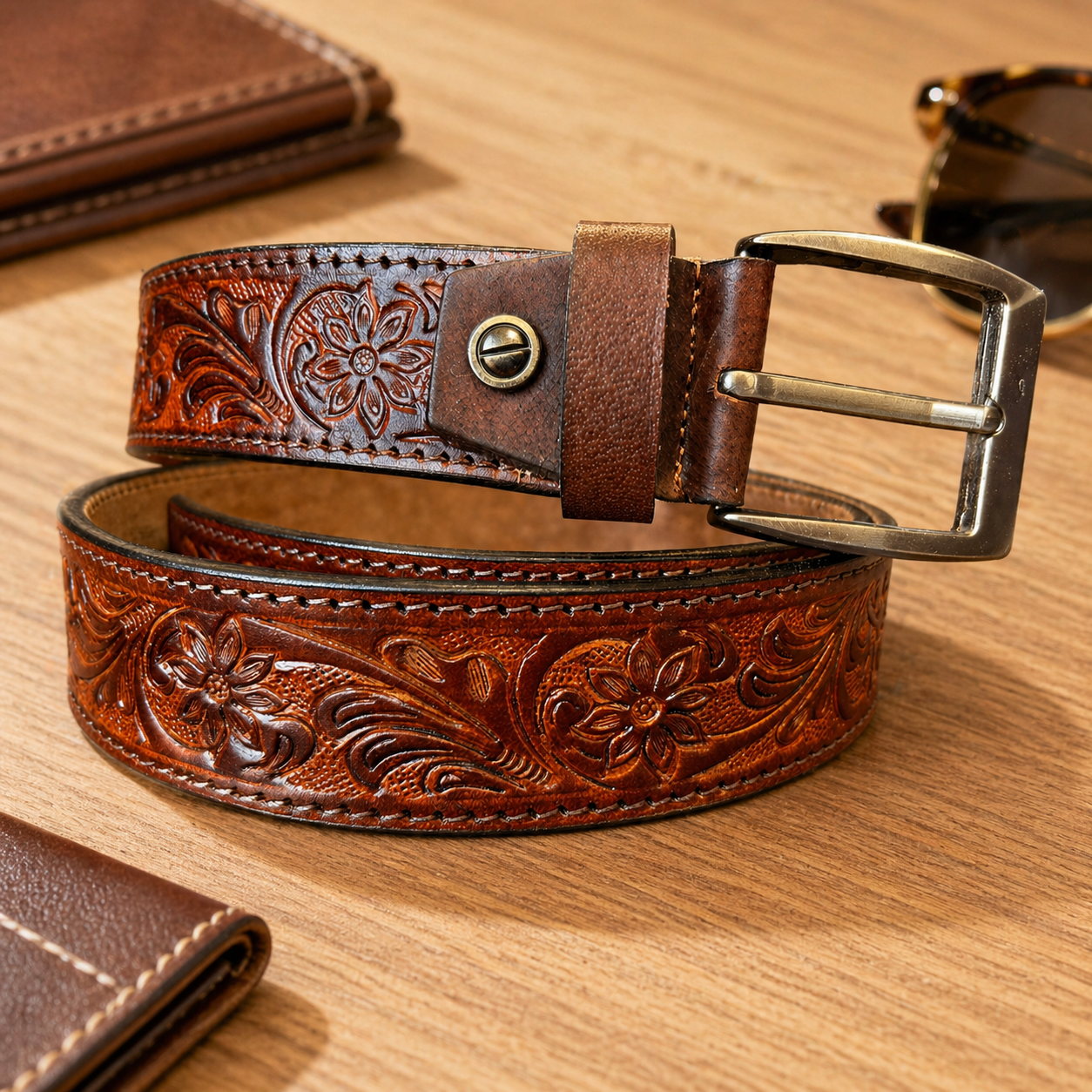 Premium Genuine Leather Belt Vintage Floral Embossed Brown Leather with Antique Buckle Handcrafted Casual & Formal Waist Belt