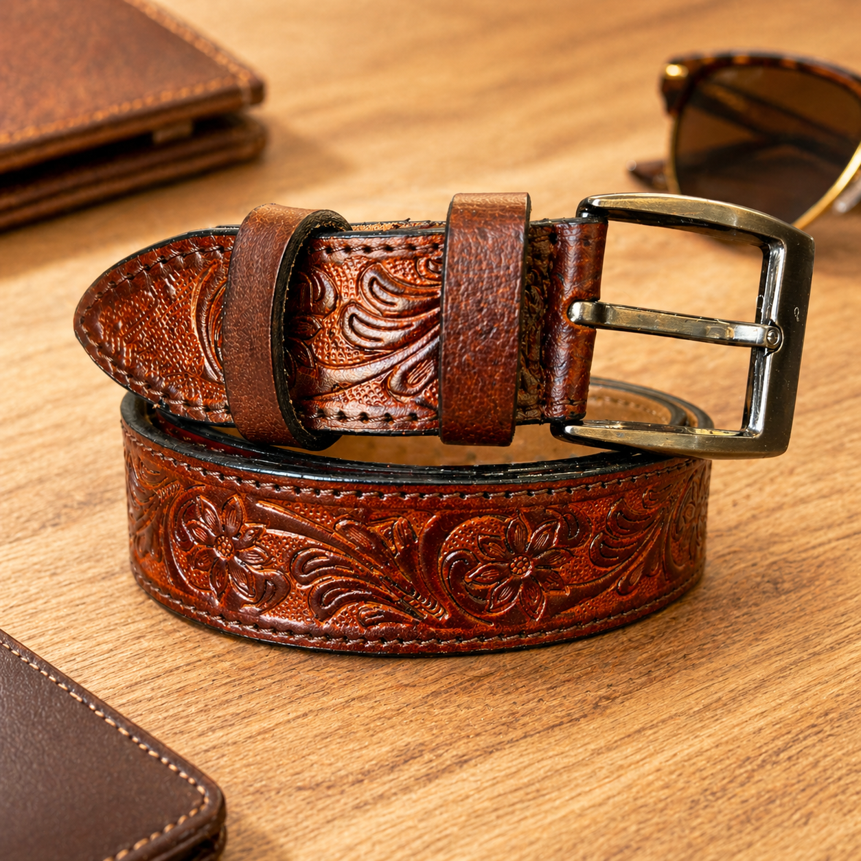 Premium Genuine Leather Belt Vintage Floral Embossed Brown Leather with Antique Buckle Handcrafted Casual & Formal Waist Belt
