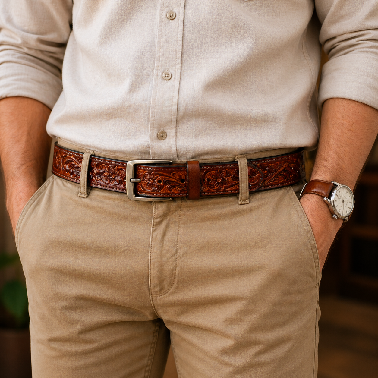 Premium Genuine Leather Belt Vintage Floral Embossed Brown Leather with Antique Buckle Handcrafted Casual & Formal Waist Belt