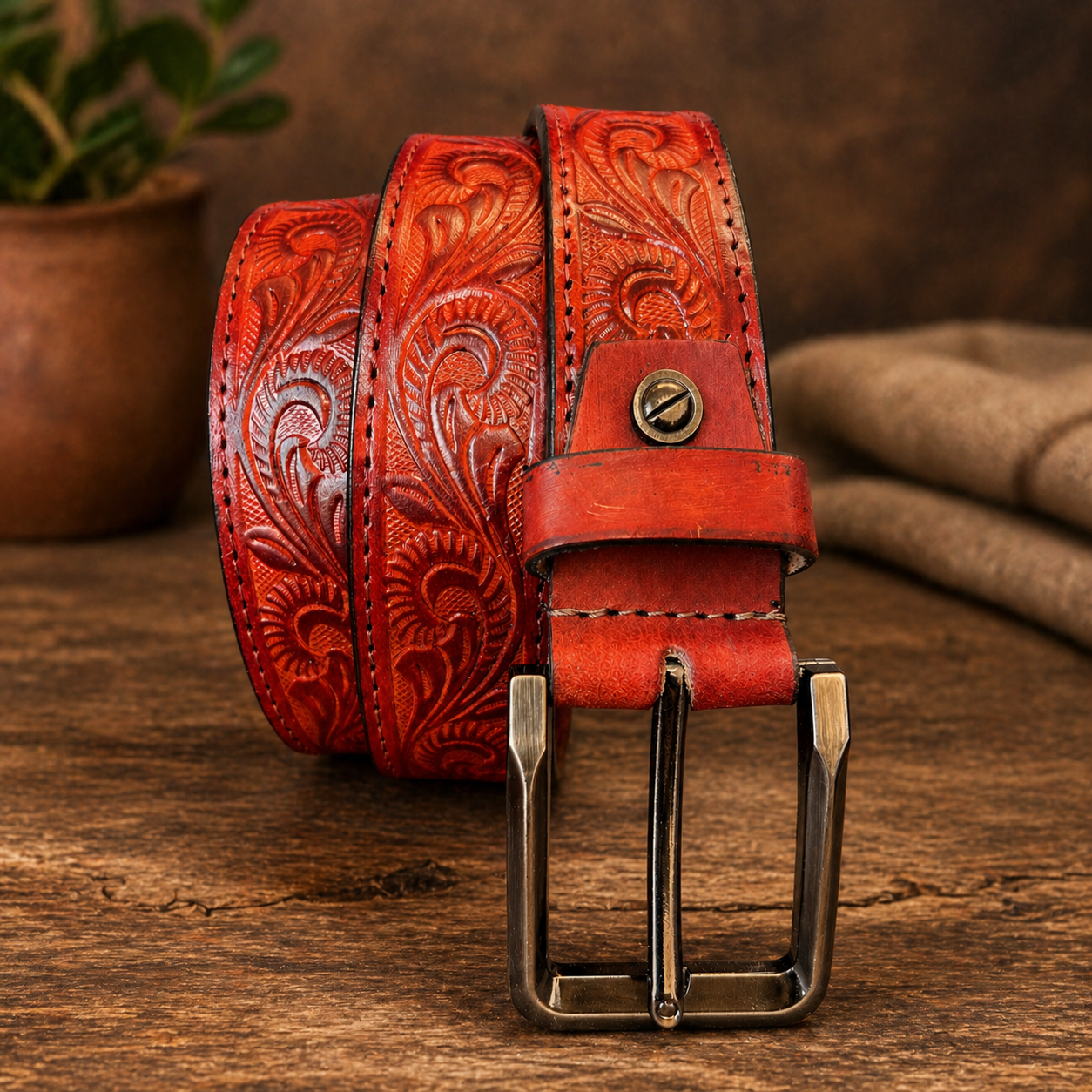 Unisex Genuine Leather Belt Vintage Embossed Design with Antique Buckle Casual & Formal Waist Belt