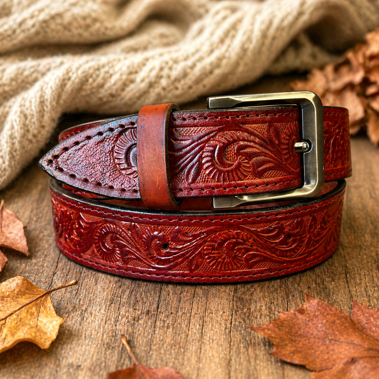 Unisex Genuine Leather Belt Vintage Embossed Design with Antique Buckle Casual & Formal Waist Belt