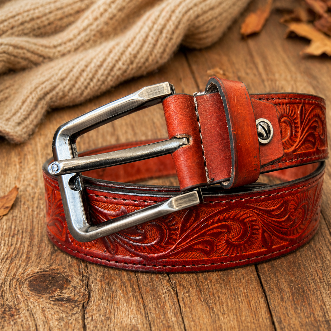 Unisex Genuine Leather Belt Vintage Embossed Design with Antique Buckle Casual & Formal Waist Belt