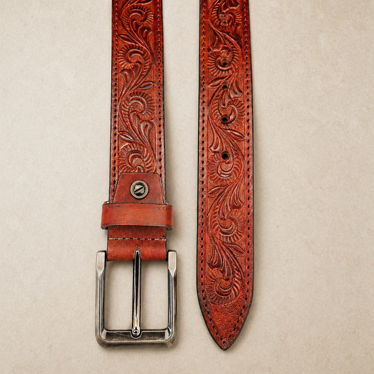Unisex Genuine Leather Belt Vintage Embossed Design with Antique Buckle Casual & Formal Waist Belt