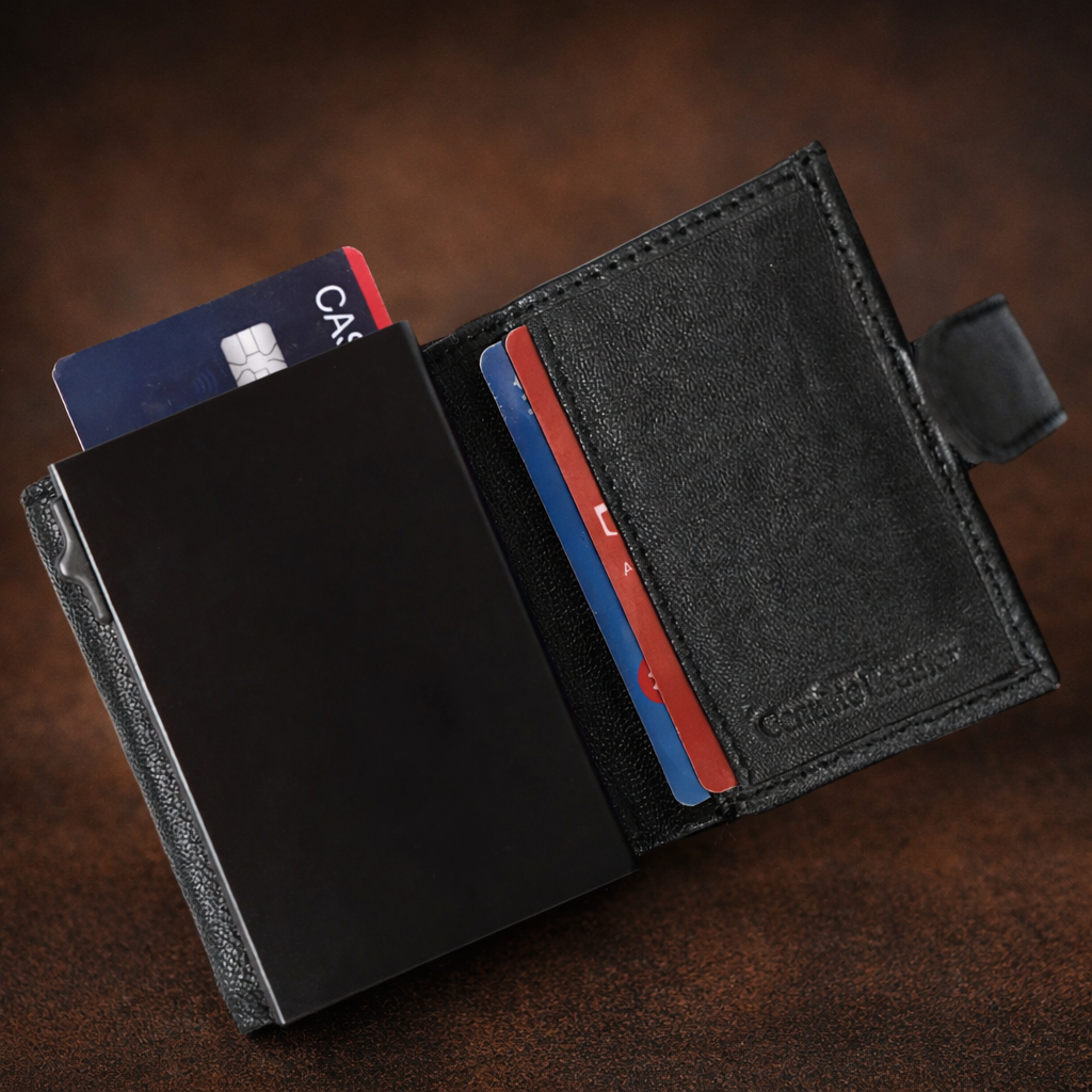 Premium Genuine Leather Wallet RFID Blocking Trifold Popup Card Holder with Coin Pocket Stylish Black Compact Wallet