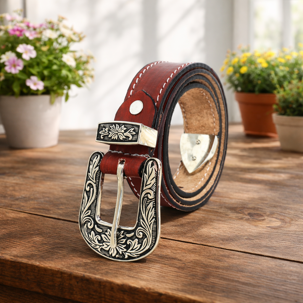 Unisex Genuine Leather Cowboy Cowgirl Belt Western Vintage Engraved Buckle Belt Stylish Casual & Party Wear Belt