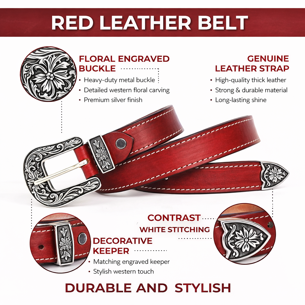 Unisex Genuine Leather Cowboy Cowgirl Belt Western Vintage Engraved Buckle Belt Stylish Casual & Party Wear Belt