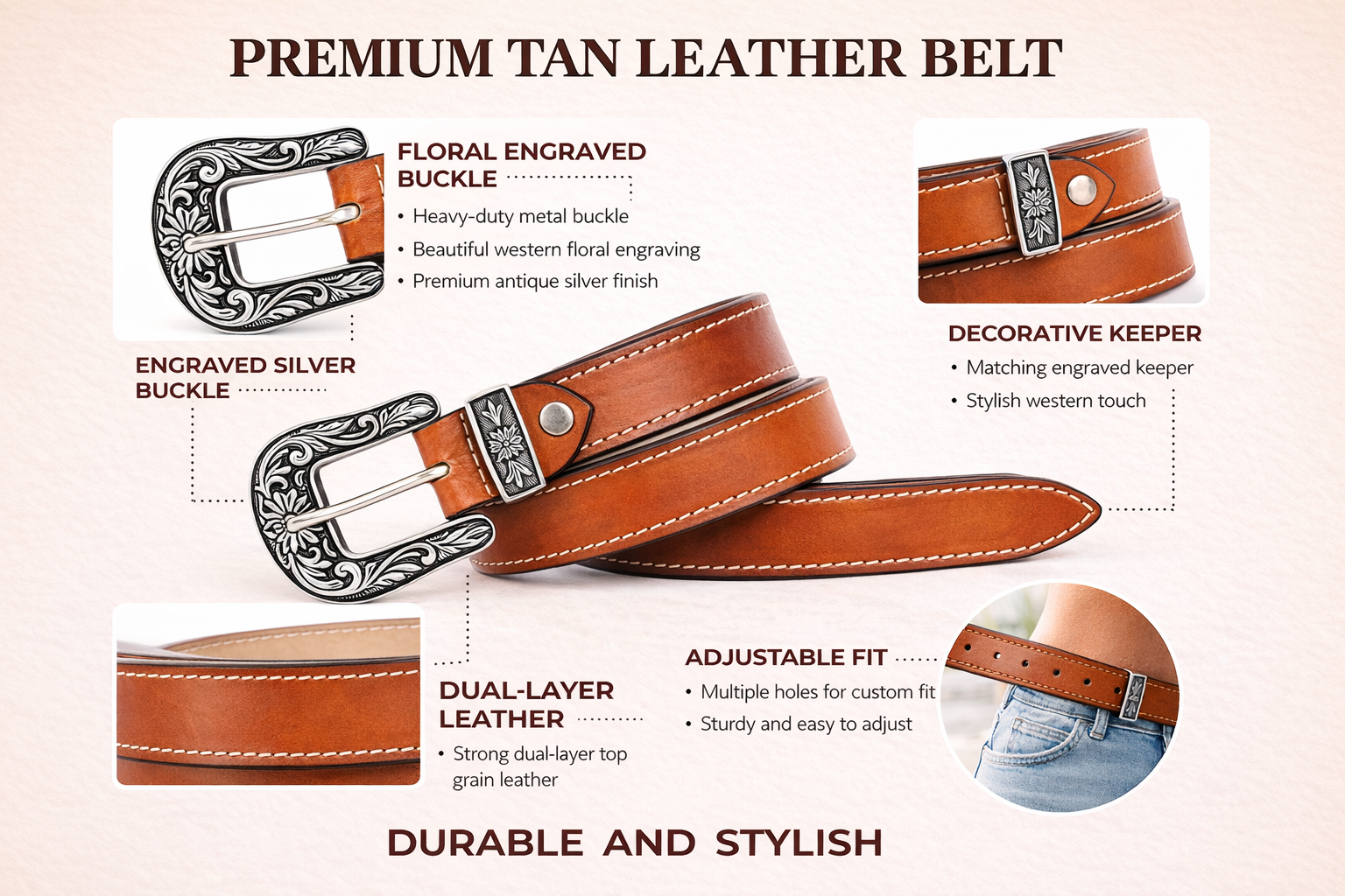 Unisex Genuine Leather Cowboy Cowgirl Belt Western Vintage Engraved Buckle Belt Stylish Casual & Party Wear Belt