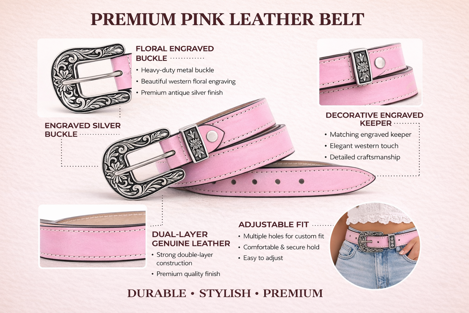 Unisex Genuine Leather Cowboy Cowgirl Belt Western Vintage Engraved Buckle Belt Stylish Casual & Party Wear Belt