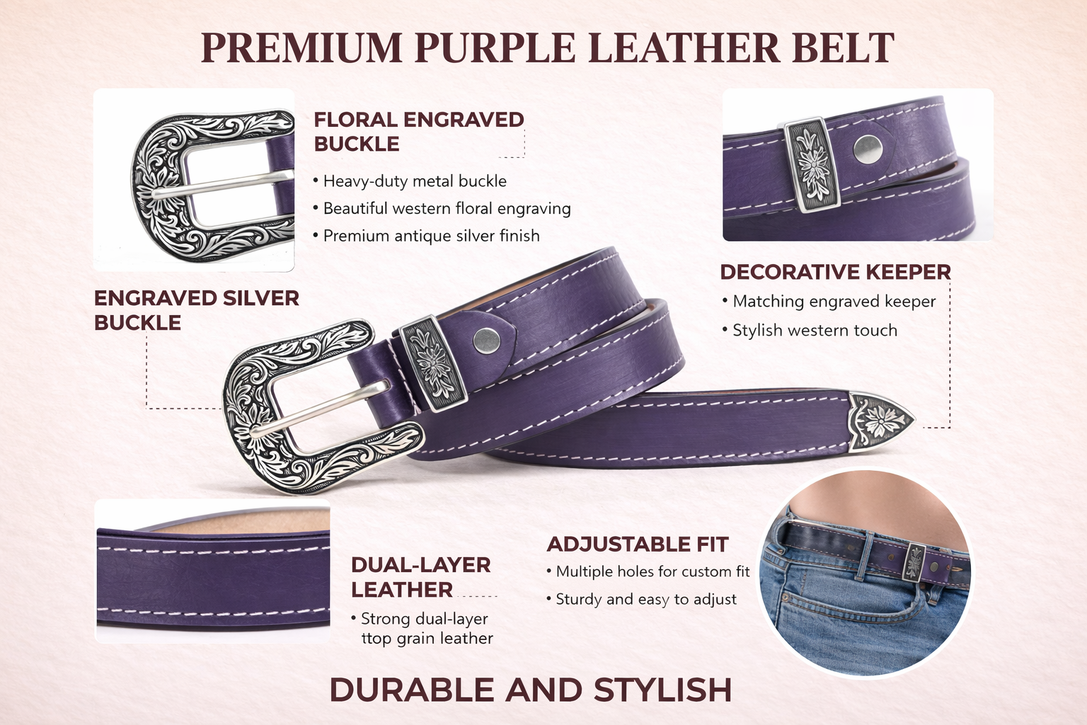 Unisex Genuine Leather Cowboy Cowgirl Belt Western Vintage Engraved Buckle Belt Stylish Casual & Party Wear Belt