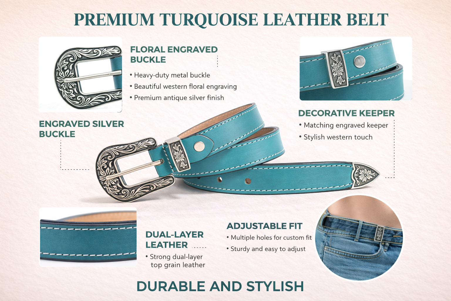 Unisex Genuine Leather Cowboy Cowgirl Belt Western Vintage Engraved Buckle Belt Stylish Casual & Party Wear Belt