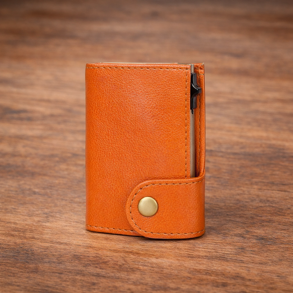 Premium Genuine Leather Smart Card Holder Wallet RFID Blocking Slim Wallet with Pop-Up Card Case Compact Tan Wallet