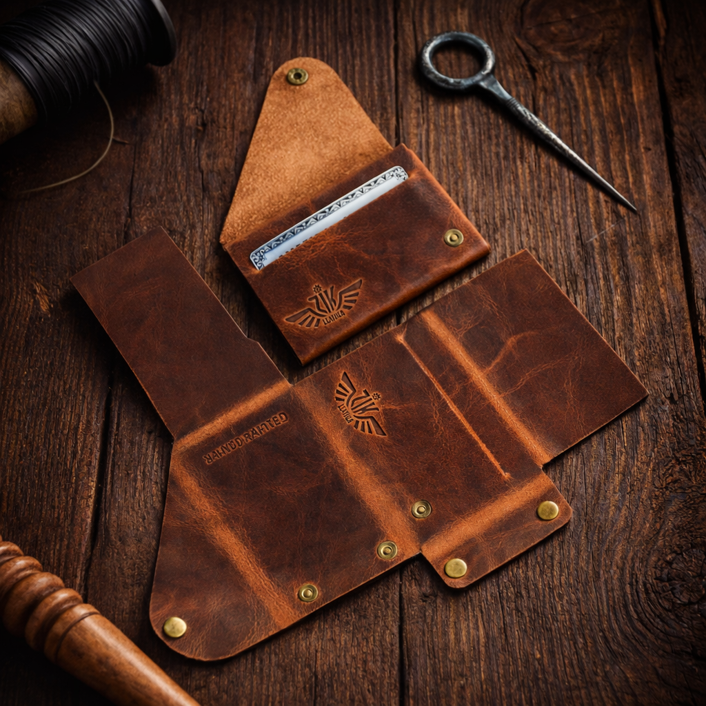 Unisex Premium Genuine Leather Envelope Wallet Vintage Handcrafted Card Holder Pouch with Button Closure Brown Minimal Wallet