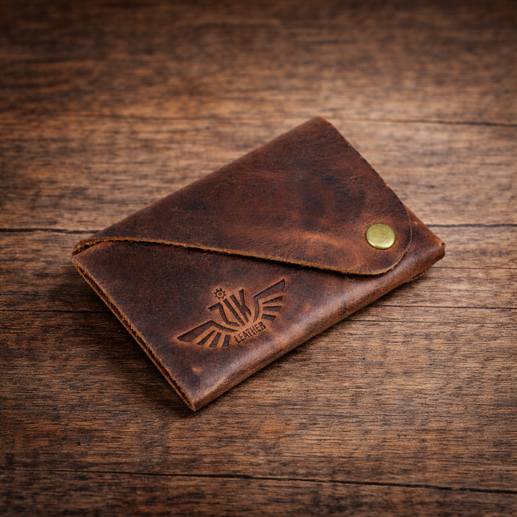 Unisex Premium Genuine Leather Envelope Wallet Vintage Handcrafted Card Holder Pouch with Button Closure Brown Minimal Wallet