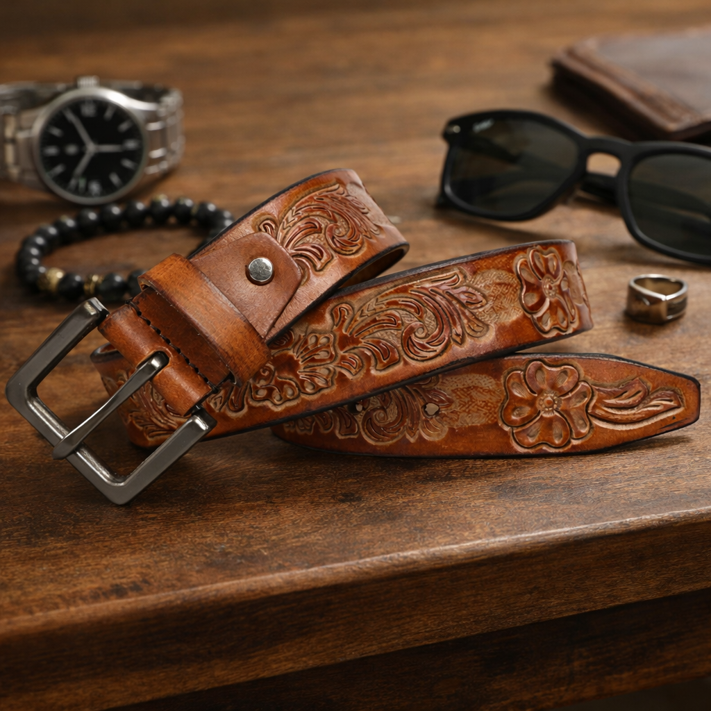 Premium Embossed Genuine Leather Belt Stylish Vintage Designer Belt Durable Formal & Casual Waist Belt