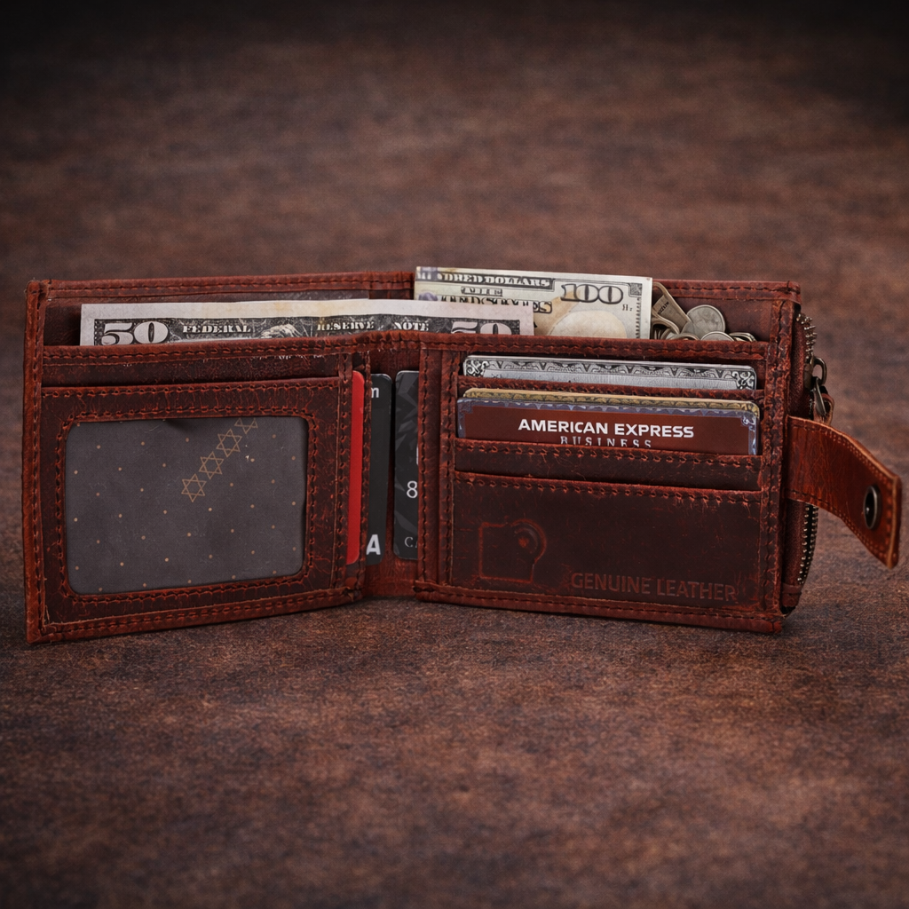 Unisex Genuine Leather Wallet RFID Blocking Trifold Wallet with Zipper & Coin Pocket Premium Brown Leather Wallet