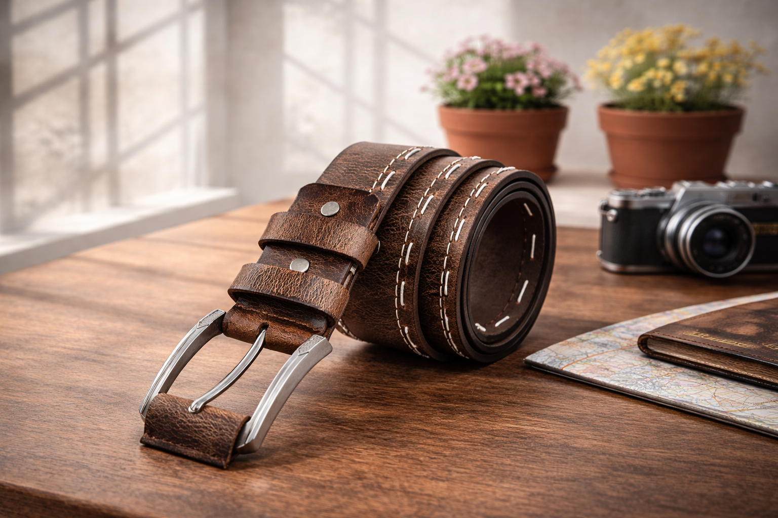 Women’s Brown Leather Belt – Vintage Stitch Detail Genuine Leather Belt for Jeans, Casual & Western Style