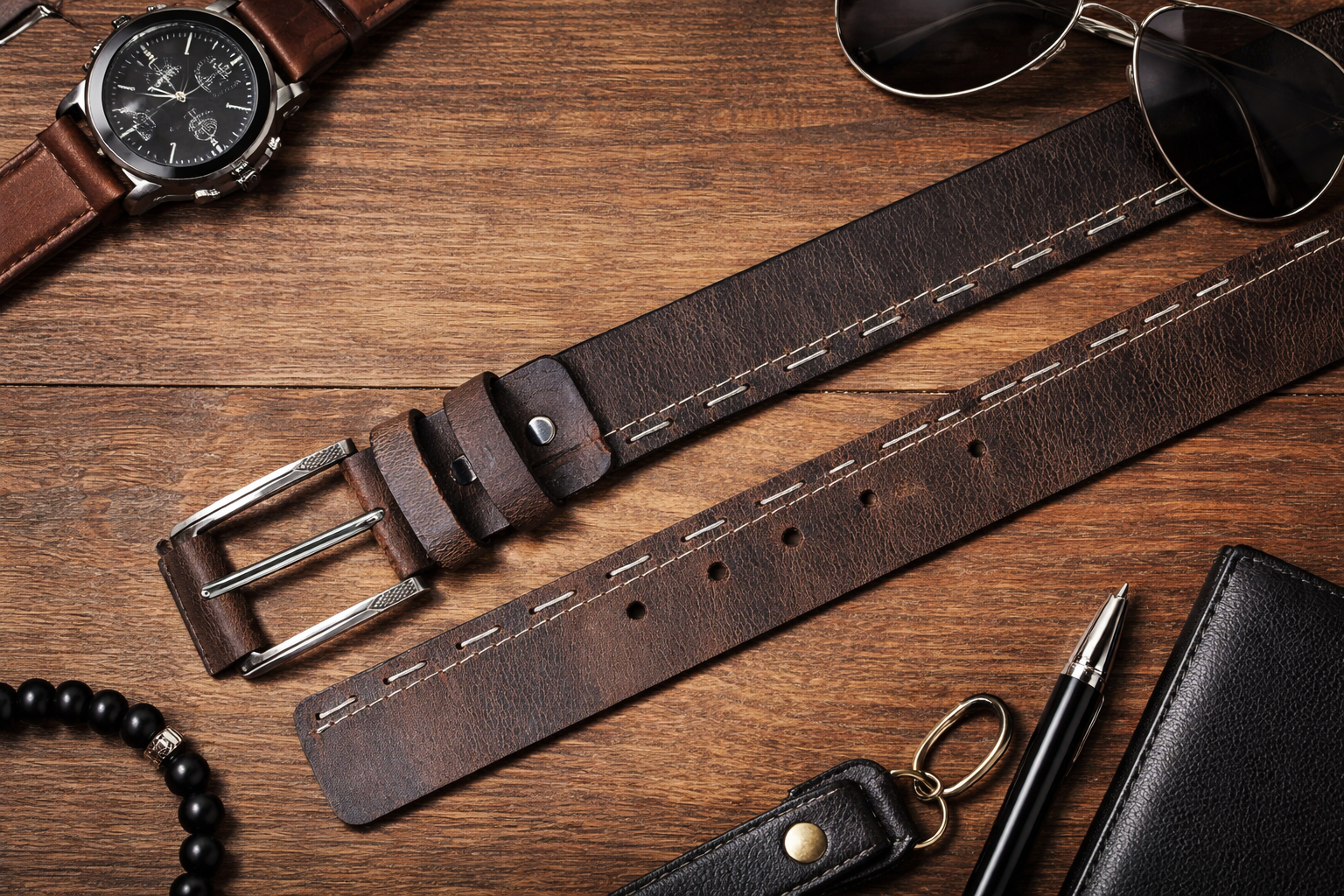 Women’s Brown Leather Belt – Vintage Stitch Detail Genuine Leather Belt for Jeans, Casual & Western Style