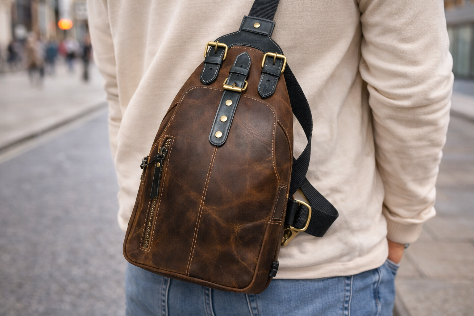 Genuine Leather Sling Bag for Men & Women – Vintage Crossbody Chest Bag Backpack for Travel & Everyday Use
