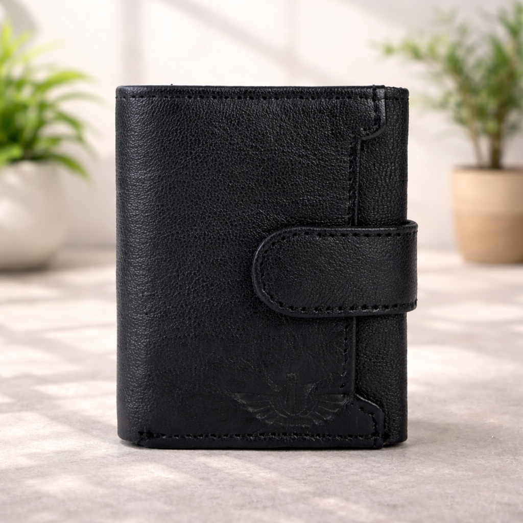 Premium Genuine Leather Wallet RFID Blocking Trifold Popup Card Holder with Coin Pocket Stylish Black Compact Wallet