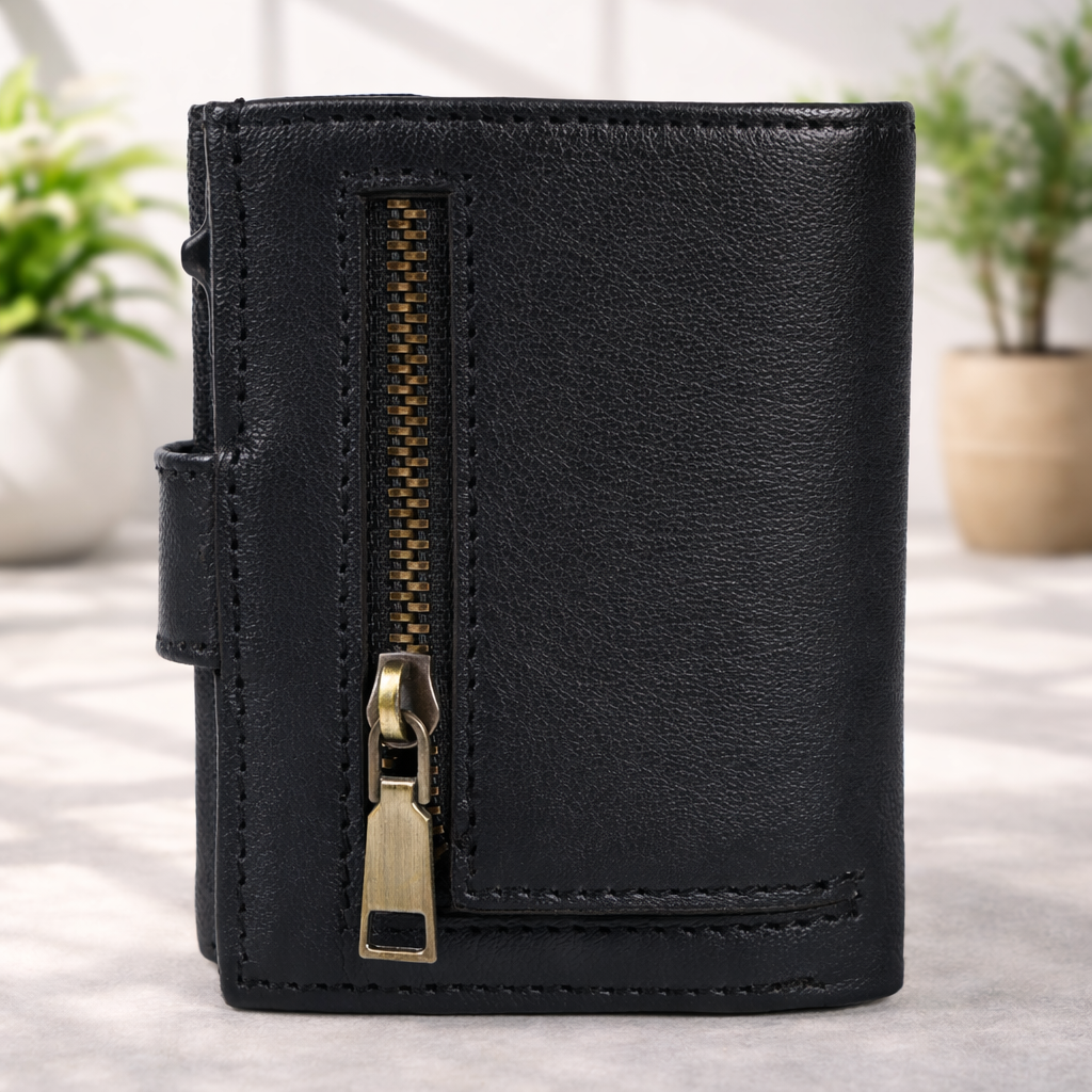 Premium Genuine Leather Wallet RFID Blocking Trifold Popup Card Holder with Coin Pocket Stylish Black Compact Wallet