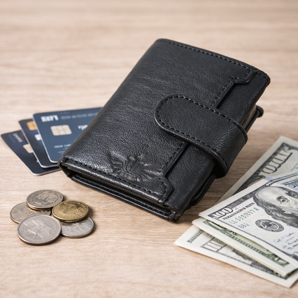 Premium Genuine Leather Wallet RFID Blocking Trifold Popup Card Holder with Coin Pocket Stylish Black Compact Wallet