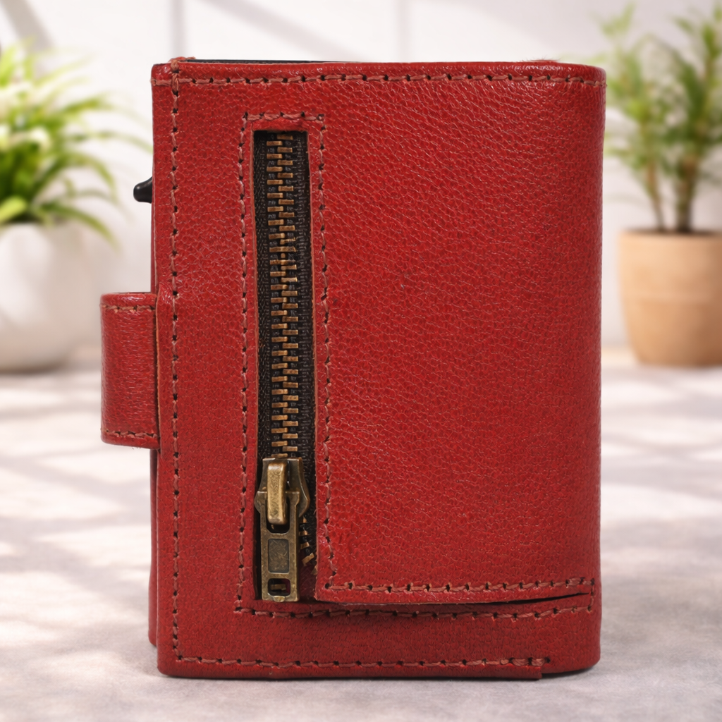 Premium Genuine Leather Wallet RFID Blocking Trifold Popup Card Holder with Coin Pocket Stylish Black Compact Wallet