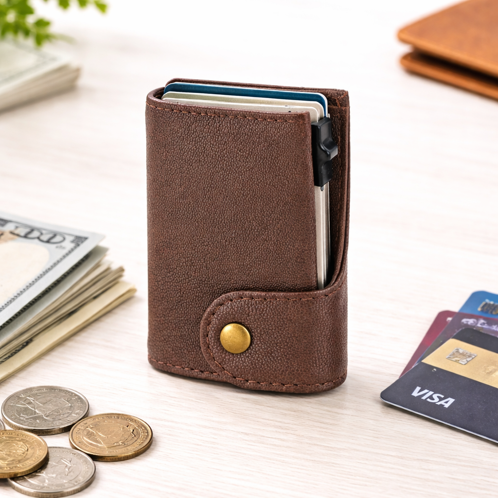 Genuine Leather RFID Blocking Pop-Up Card Holder Wallet Slim Wallet for Men & Women Quick Access Credit Card Case